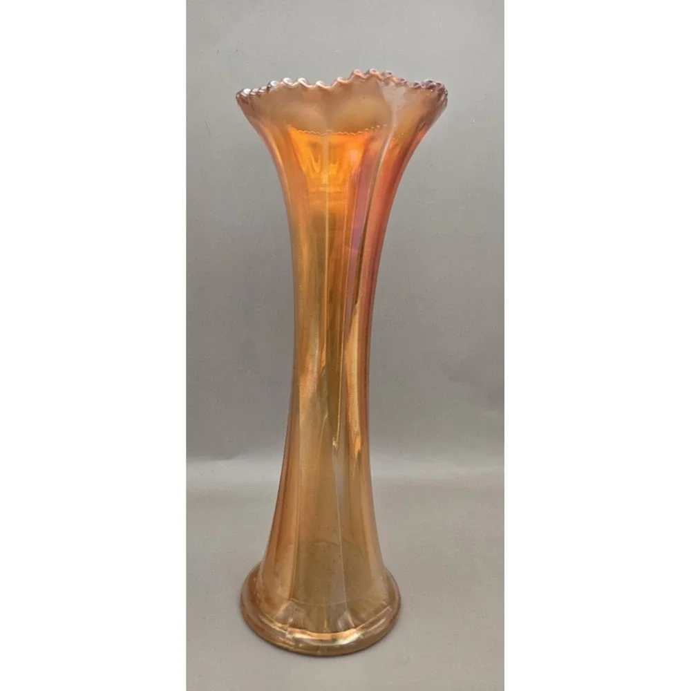 Vintage Swung Marigold Orange Iridescent Carnival Glass Vase B#33